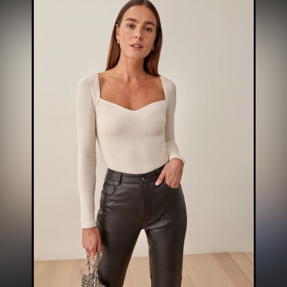 Reformation October Knit Top Sweetheart Neckline Ribbed Small Cream